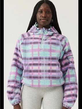 Outdoor Voices Lavender Multi Plaid Fleece Hoodie Jacket